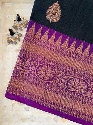Dupion Pure Silk Saree | Black | Maroon & Purple, Antique Zari, Handwoven in Banaras | Ships from California